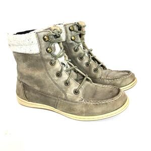 Sperry Top Sider Gray Leather Lace Up Sweater Cuff Boots - Women's 5.5